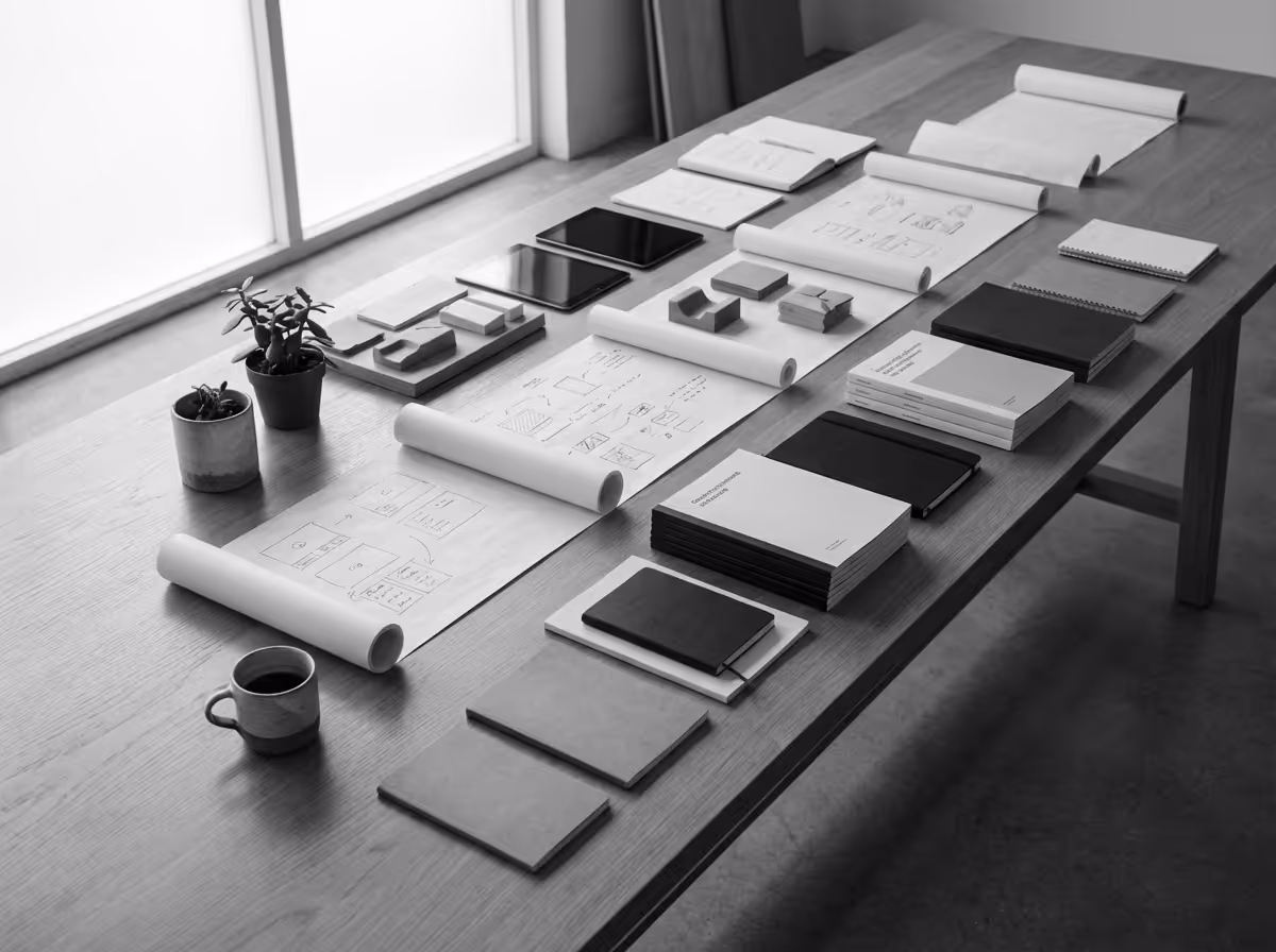 Organized workspace with notebooks, blueprints, tablets, small model pieces, and two potted plants on a wooden table by a window.