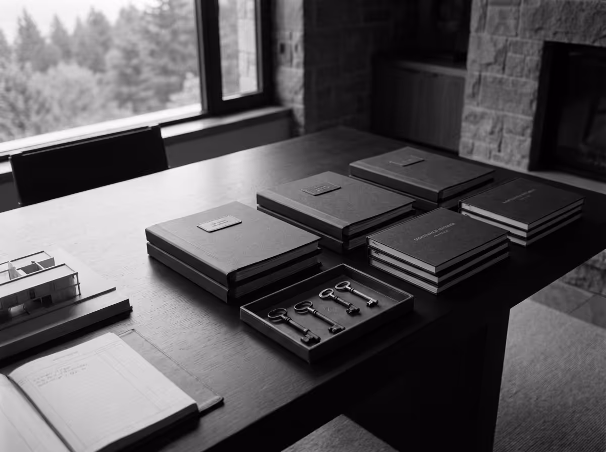 Black and white photo of a wooden table holding several stacked books and a box containing five vintage-style keys, in a room with stone walls and a window showing trees outside.