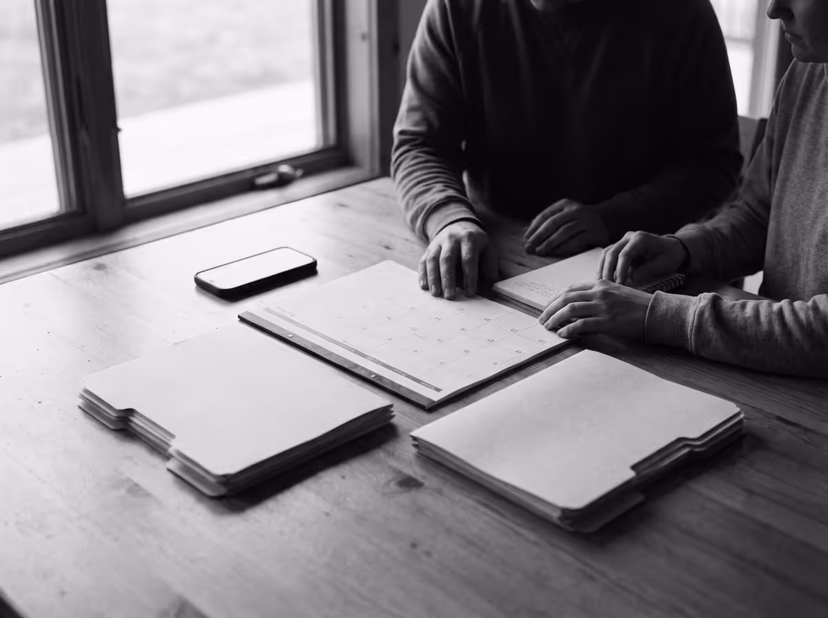 Two people sitting at a wooden table looking at a calendar surrounded by folders and a smartphone near a window in black and white.