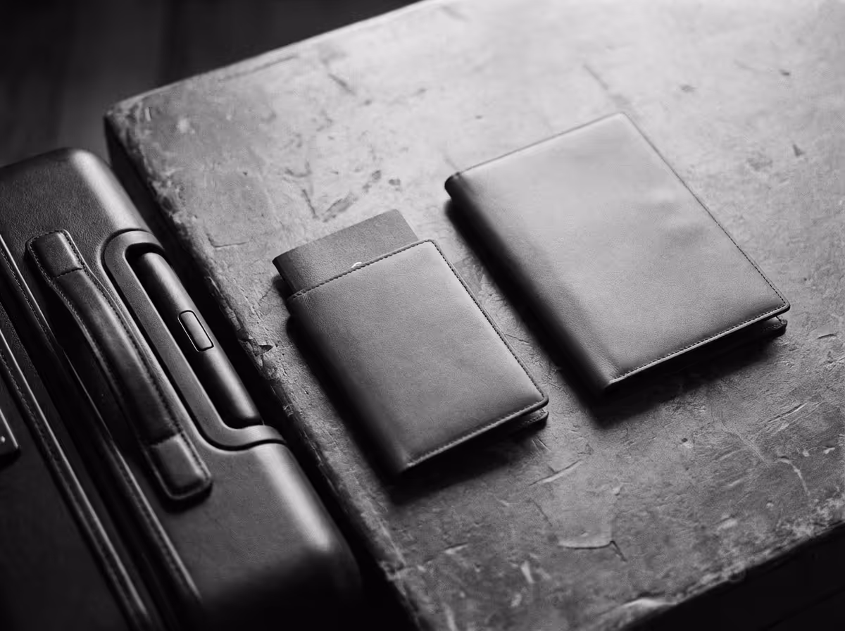 Black leather suitcase next to two black leather wallets on a textured dark surface.