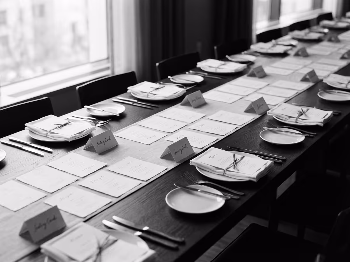 Long dining table set with white plates, cutlery, folded napkins, and numerous handwritten place and menu cards.