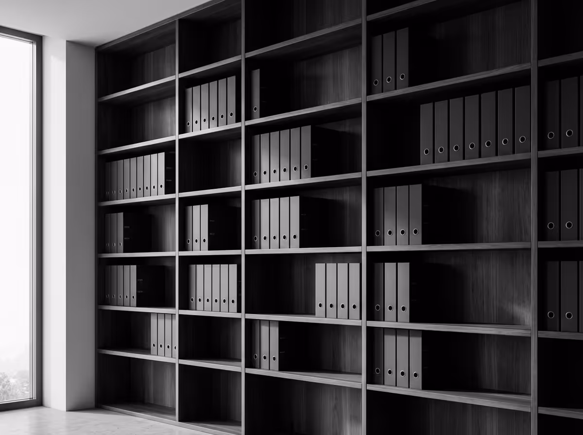 Wooden bookshelf with multiple shelves filled with black and gray binders near a window.