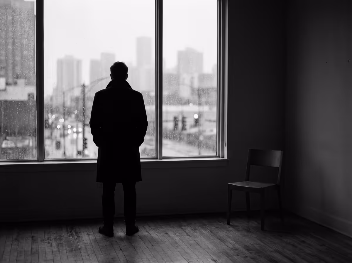 Silhouette of a person standing and looking out a large window at a rainy cityscape with a chair nearby.