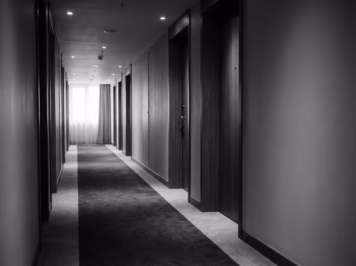 Black and white photo of a long, empty hotel corridor with carpeted floor and closed wooden doors on both sides.