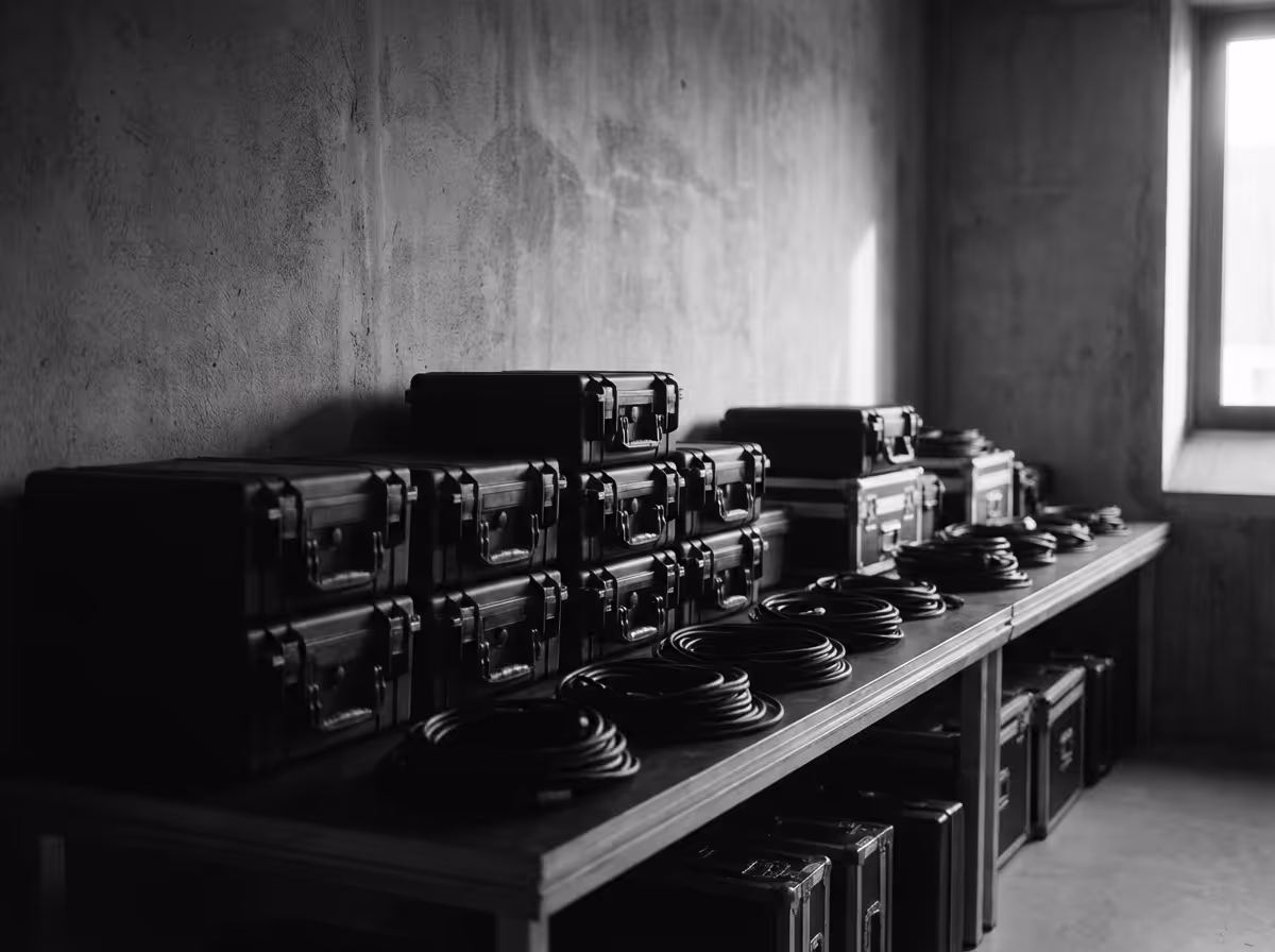 Black and white image of multiple stacked hard cases and coiled cables neatly arranged on a long table in a dimly lit room.