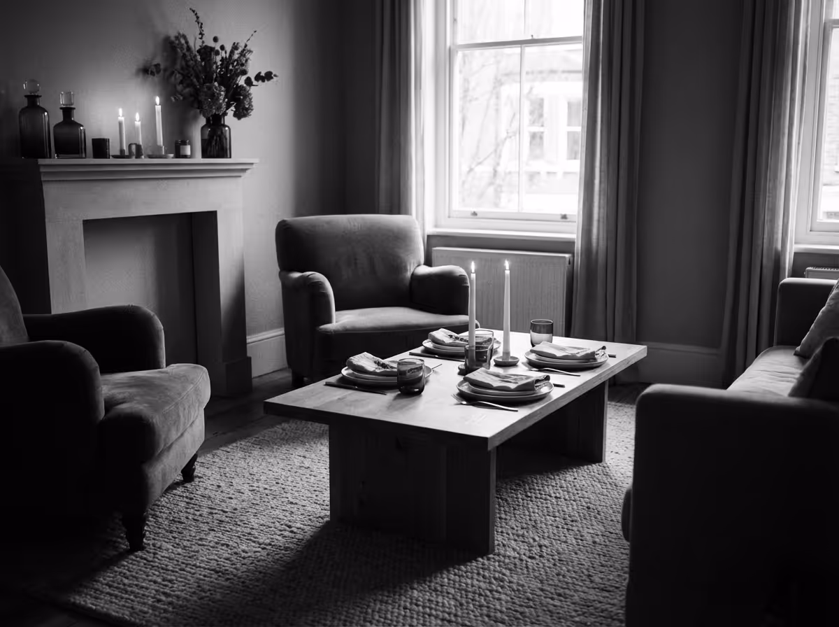 Cozy living room with armchairs around a wooden coffee table set for four with candles, plates, and glasses.
