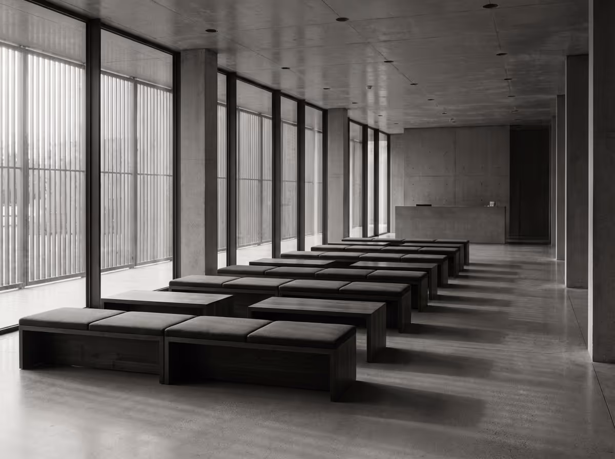 Minimalist modern waiting area with multiple cushioned wooden benches arranged in rows along large floor-to-ceiling windows.