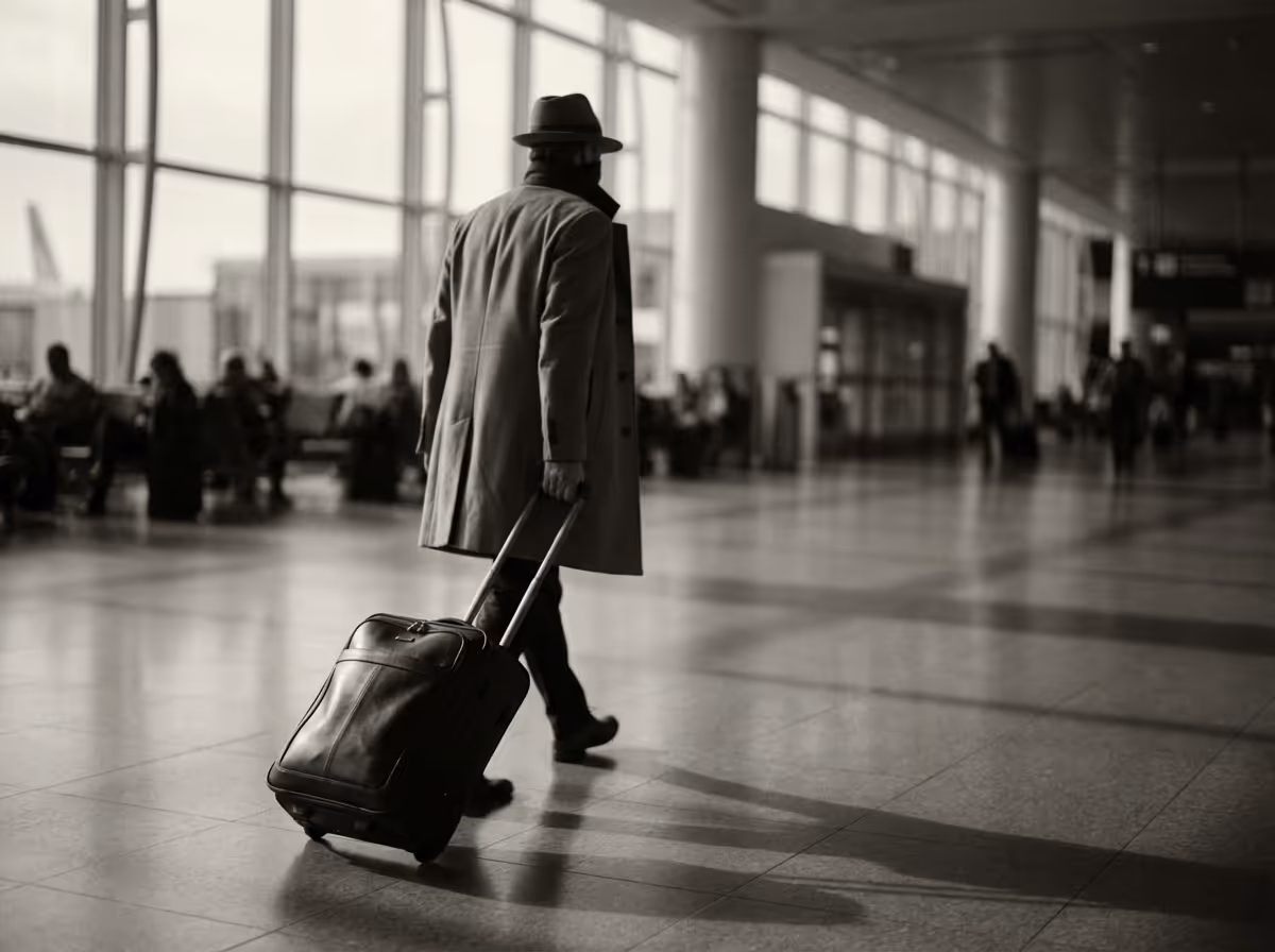 Man in coat and hat walking through an airport terminal pulling a wheeled suitcase.