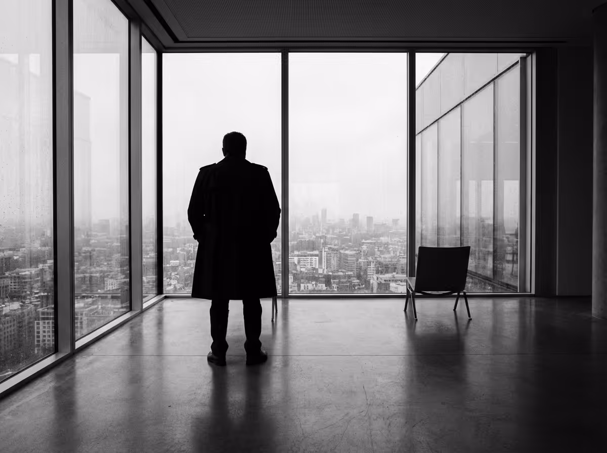 Silhouette of a man in a coat standing in a modern room with large floor-to-ceiling windows overlooking a cityscape.