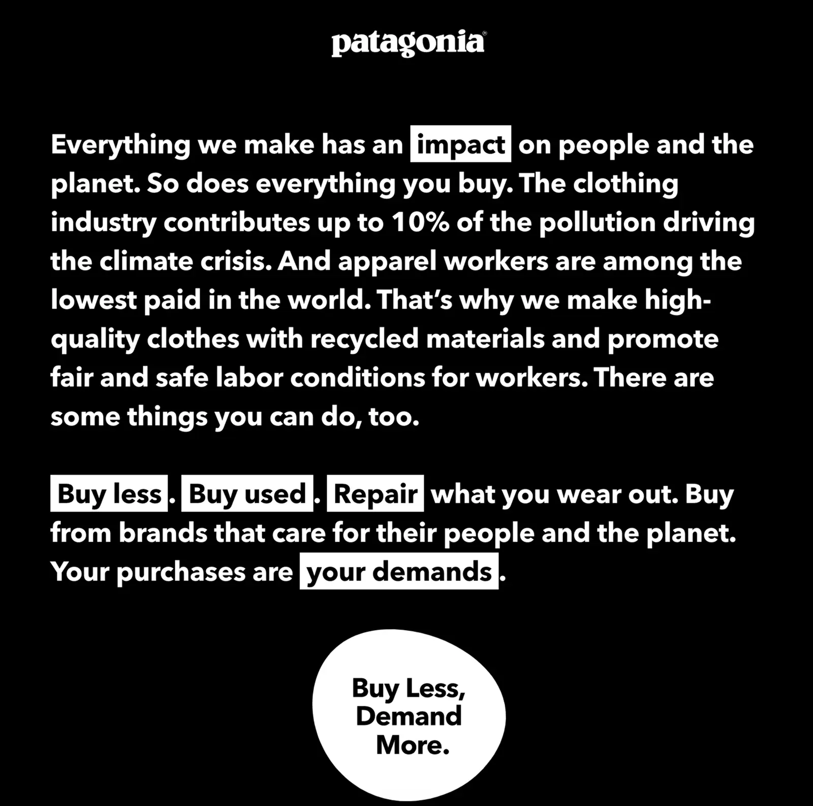 screenshot of Petagonia statement