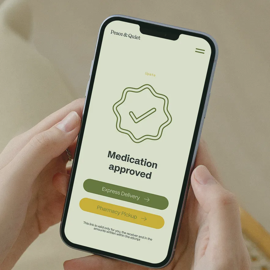 Smartphone screen showing a 'Medication approved' message with options for Express Delivery and Pharmacy Pickup.