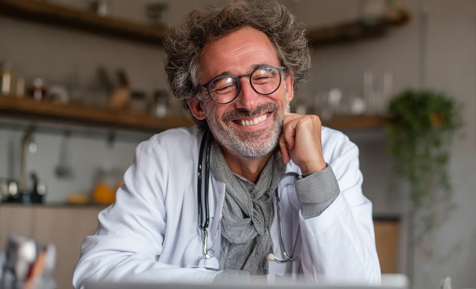 Smiling male doctor with glasses and a stethoscope around his neck, resting his chin on his hand in a warmly lit room.
