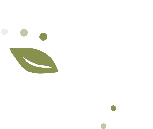 Simple green leaf icon with three small green dots above it on a transparent background.
