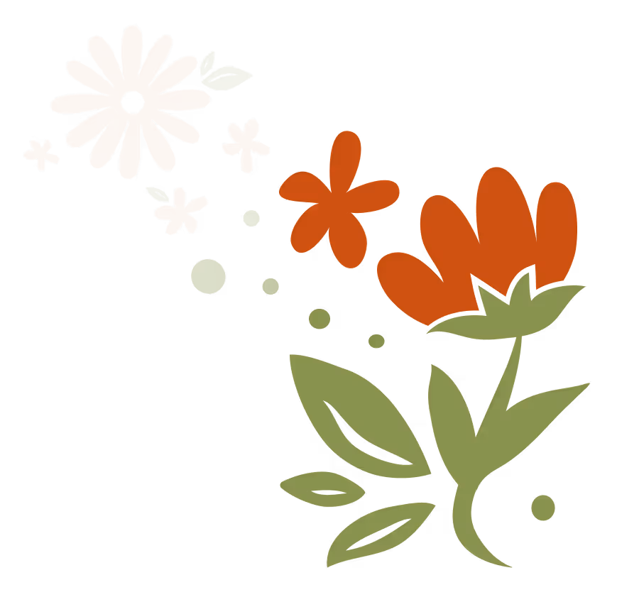 Illustration of orange flowers and green leaves in a whimsical arrangement.