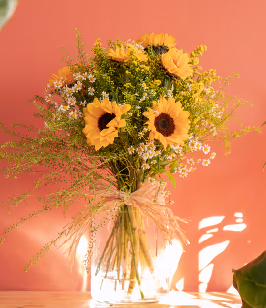 Bouquet of sunflowers and small white flowers in a glass vase tied with a natural raffia ribbon against a warm coral background.