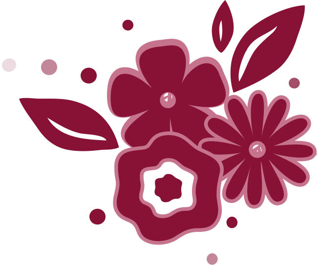 Illustration of a cluster of simple orange flowers with green leaves and small green dots on a black background.