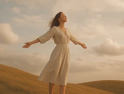 Woman in a light dress standing with arms outstretched on a grassy hill under a cloudy sky.