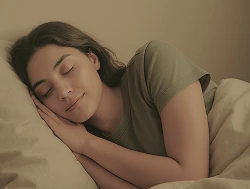 Woman with closed eyes peacefully sleeping on a pillow under a beige blanket.
