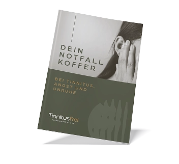 Broschüre mit dem Titel 'Dein Notfall Koffer' über Tinnitus, Angst und Unruhe, mit Bild einer Frau, die ihr Ohr berührt.