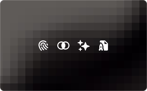 Four white icons on a dark pixelated background: a fingerprint, two overlapping circles, three sparkling stars, and a damaged document.