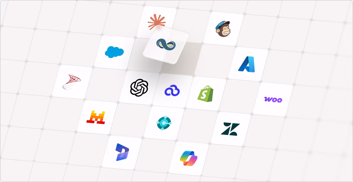 Grid of app and service logos including Salesforce, Mailchimp, Shopify, WooCommerce, Microsoft Azure, Zendesk, and OpenAI surrounding a central tile with interconnected loops and a red abstract icon above it.