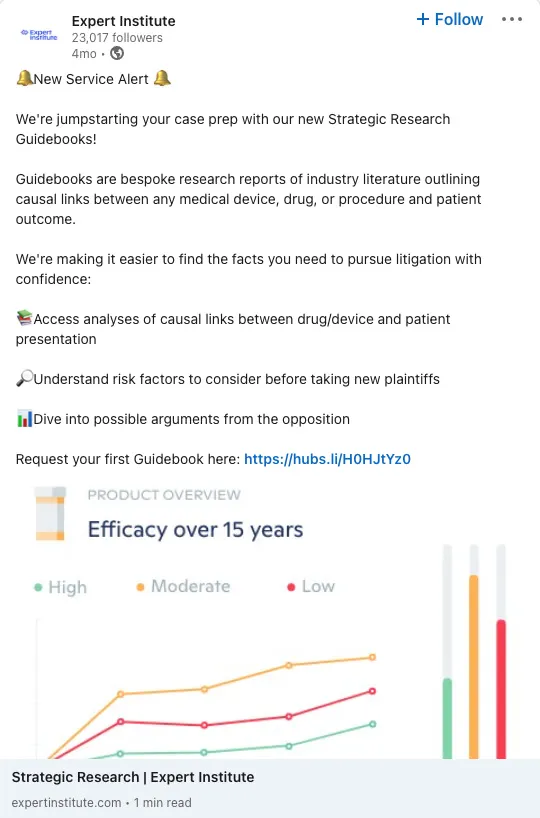 An Expert Institute post on LinkedIn advertising their new guidebooks.