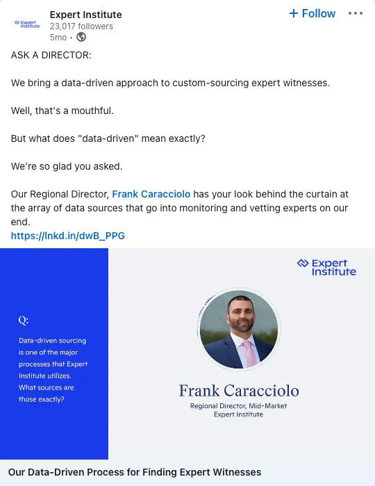 An Expert Institute video post on LinkedIn talking about how data-driven sourcing works.