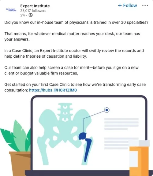 An Expert Institute post on LinkedIn advertising their Case Clinic feature.