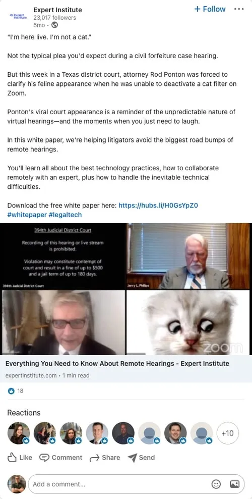 An Expert Institute post on LinkedIn offering a white paper about remote hearings.