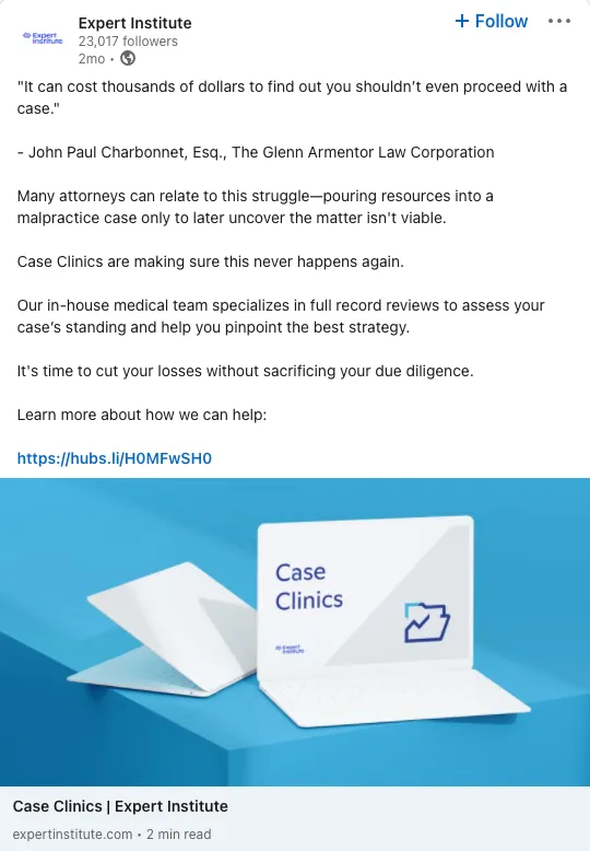 A LinkedIn ad for Expert Institute advertising their in-house medical team specialty.