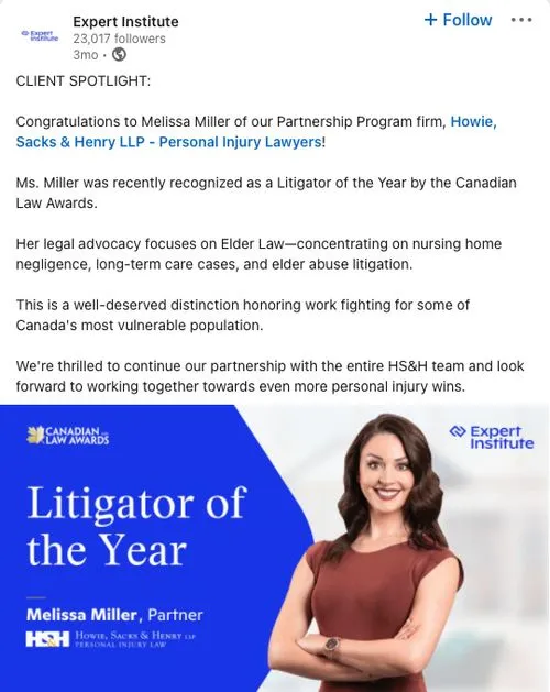 An Expert Institute post on LinkedIn congratulating an award-winning client.