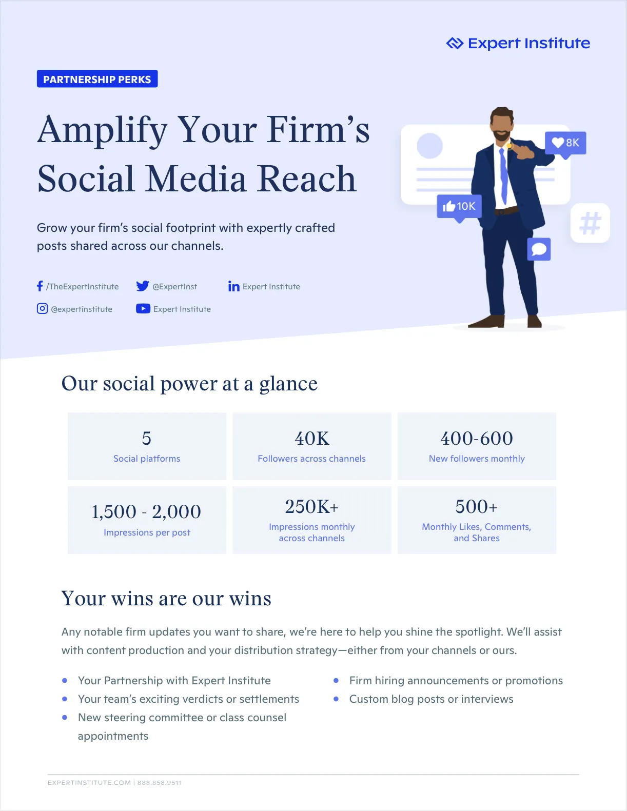 First page of the service brochure for Expert Institute's social media service for Partnership clients.
