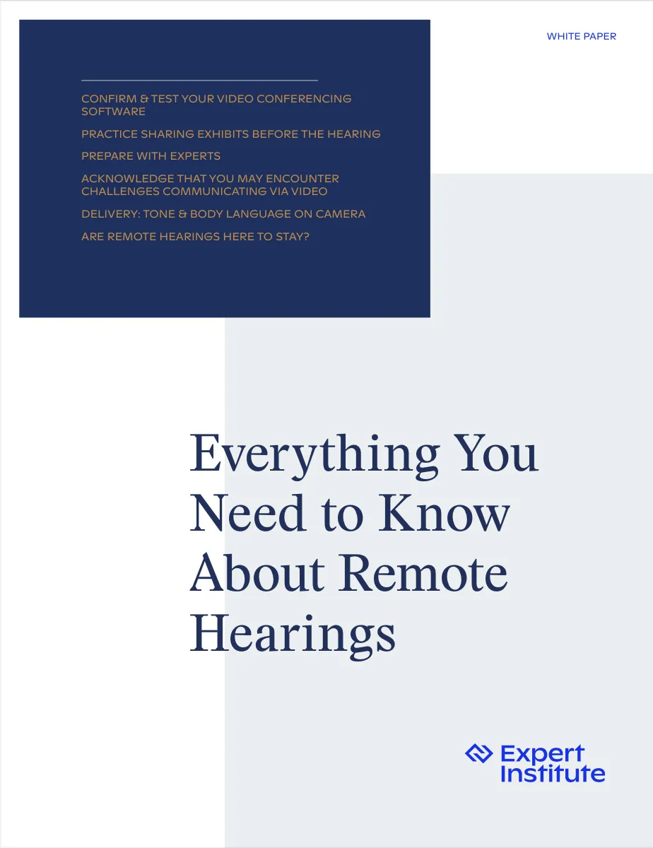 First page of Expert Institute's white paper about remote hearings.