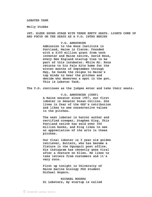 The first page of the Lobster Tank comedy sketch.