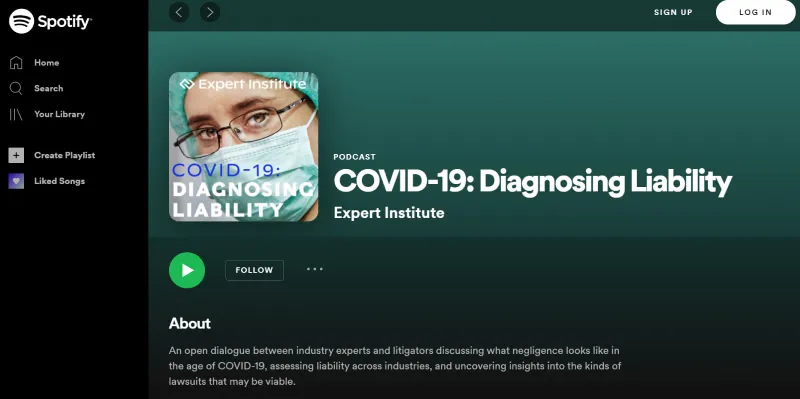 Screenshot of Spotify episode page of the Diagnosing Liability podcast.