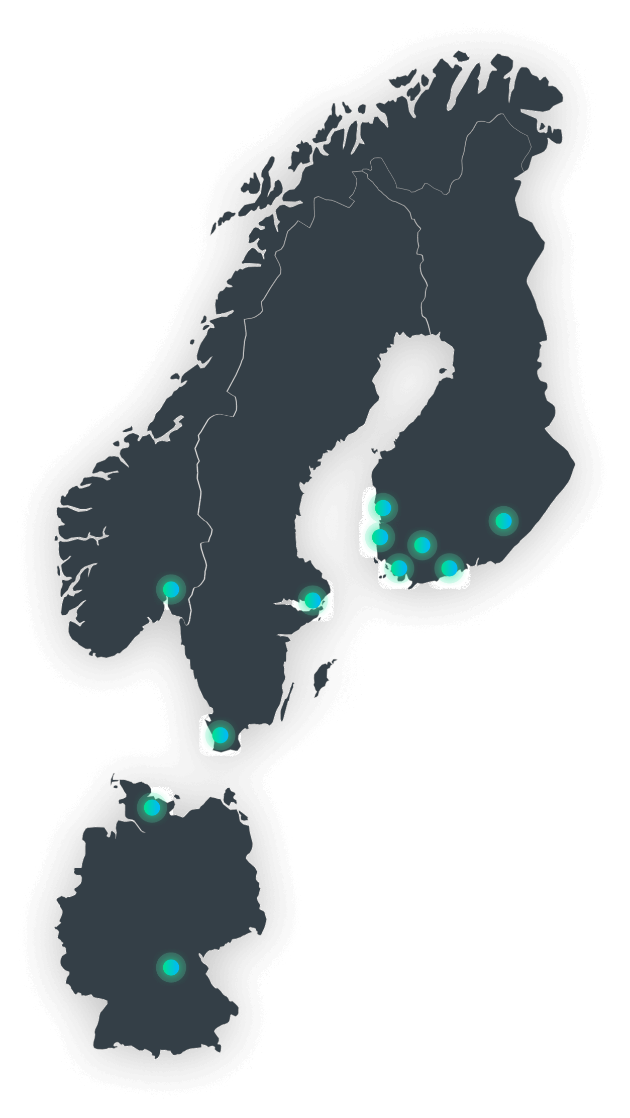 Kartta Pohjoismaista ja Saksasta, jossa on korostettuja pisteitä useissa kaupungeissa, erityisesti Etelä-Suomessa, Ruotsissa, Norjassa, Tanskassa ja Pohjois-Saksassa.