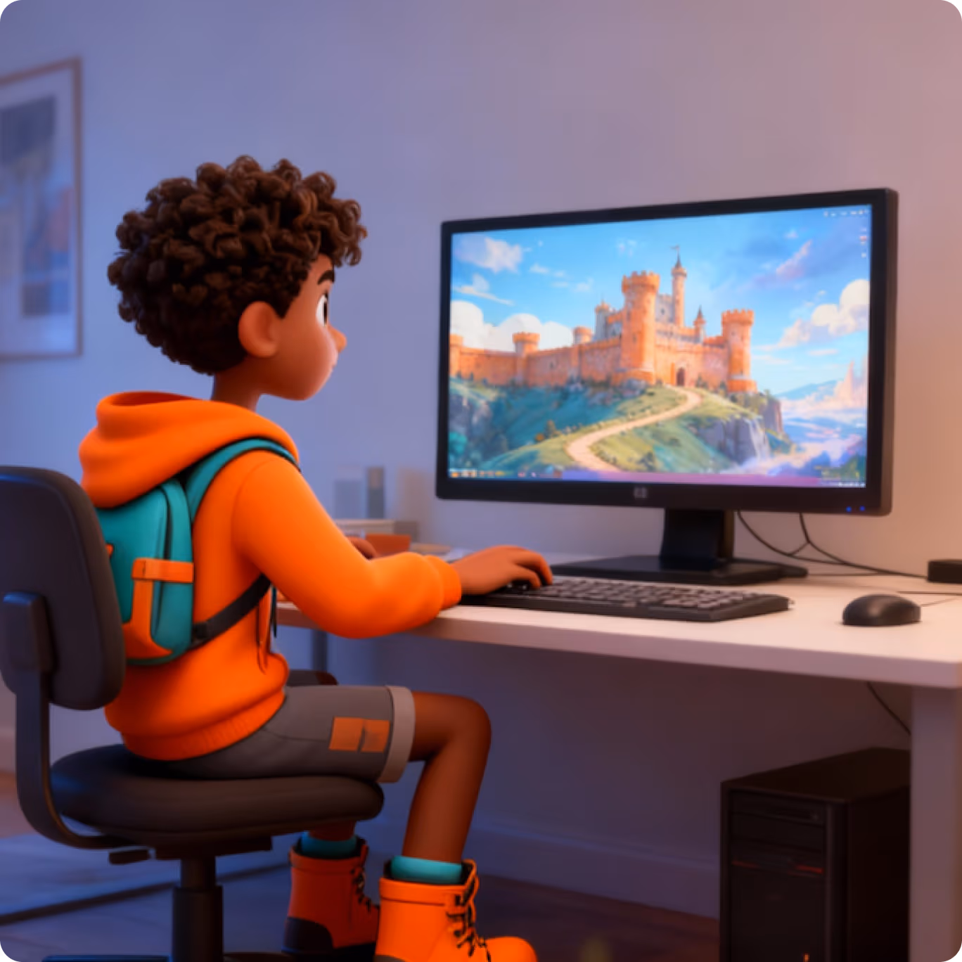 Boy with curly hair in orange hoodie and boots sitting at a desk using a computer displaying a castle on screen.