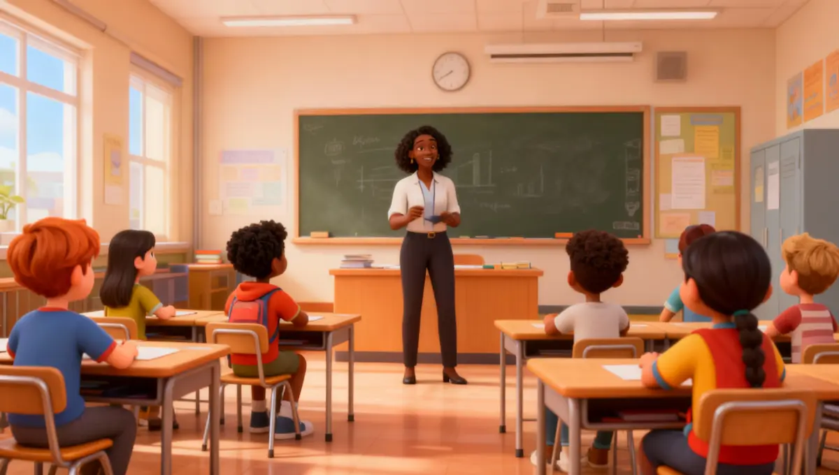 Animated teacher standing in front of a blackboard teaching a classroom of attentive young students seated at desks.