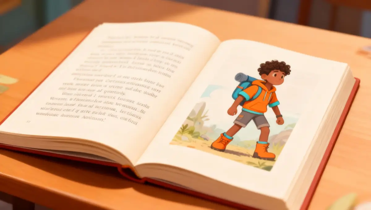 Open book on table showing left page with printed text and right page with illustration of a boy wearing an orange hoodie, gray shorts, and orange boots, carrying a blue backpack.