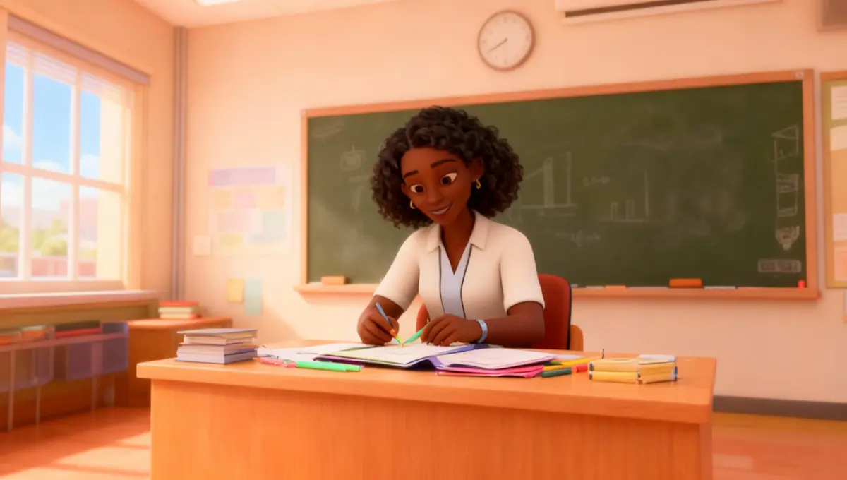 Animated woman with curly hair sitting at a desk in a bright classroom, writing in an open notebook with colorful pens and books around her.