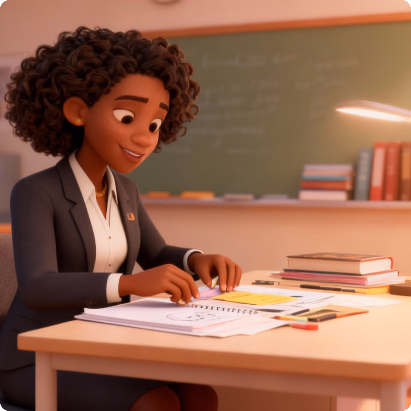 Animated woman with curly hair sitting at a desk, smiling as she organizes papers and stationery in a classroom setting.