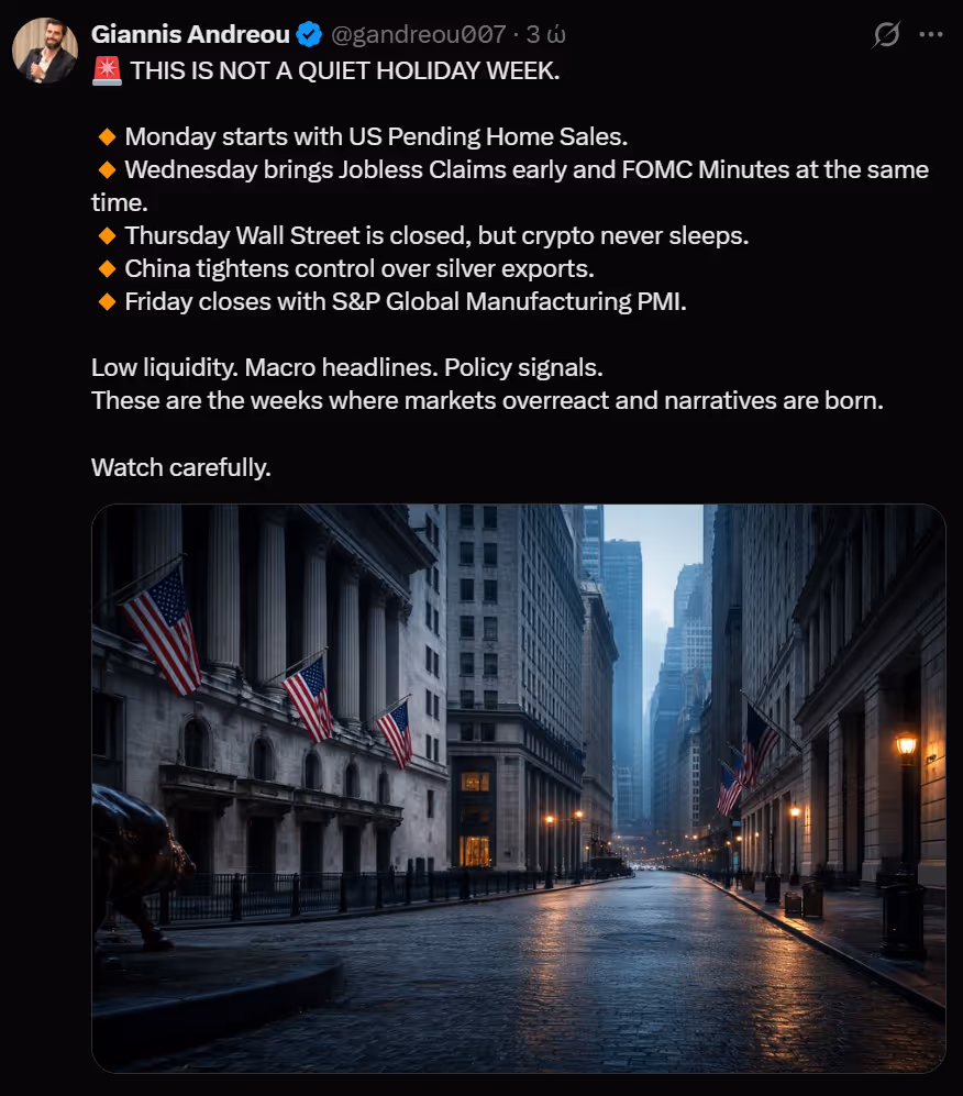 Professional trading desk with multiple monitors displaying live market data, charts and economic indicators during low-liquidity holiday trading week
