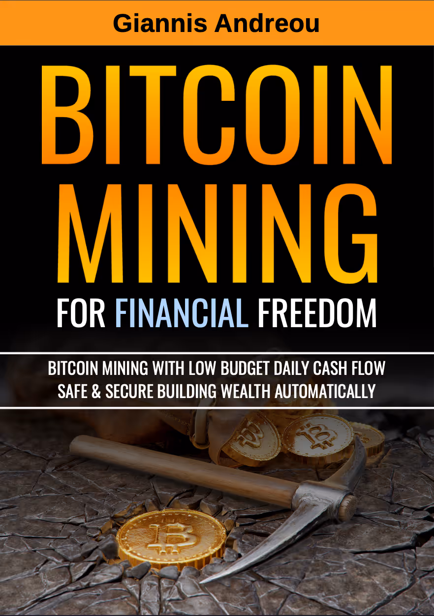 Bitcoin Mining for Financial Freedom e-book cover by Giannis Andreou featuring gold Bitcoin text on black background with mining pickaxe and Bitcoin coins imagery