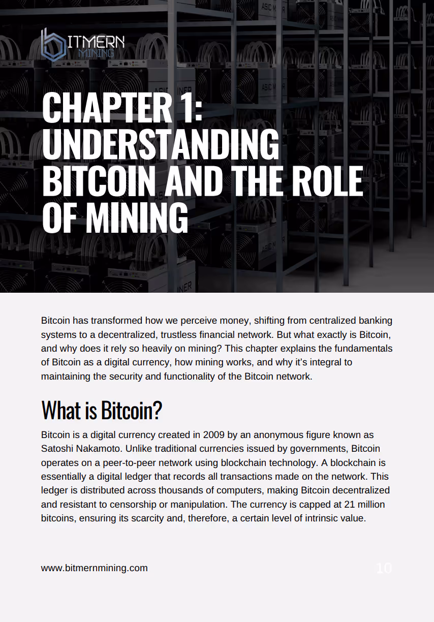 Chapter 1 title page: Understanding Bitcoin and the Role of Mining, with ASIC mining facility background and opening text explaining Bitcoin fundamentals