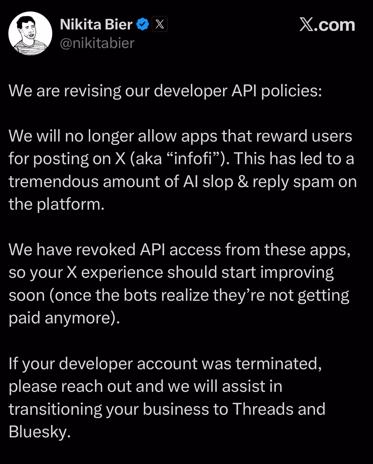 Screenshot of Nikita Bier's tweet announcing X will no longer allow apps that reward users for posting, citing AI slop and reply spam