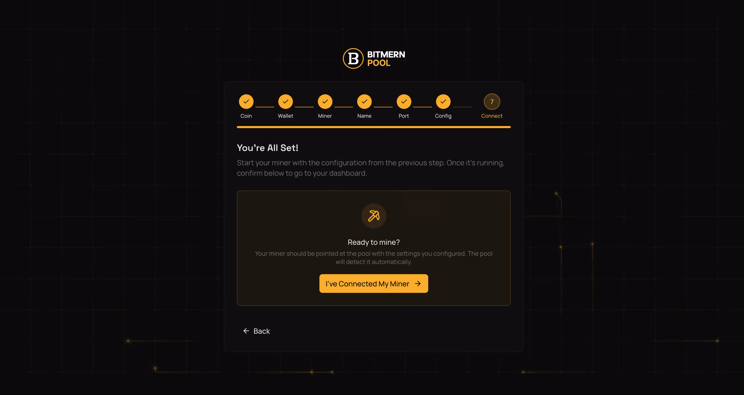 Bitmern Solo Pool connection confirmation screen with pending miner status