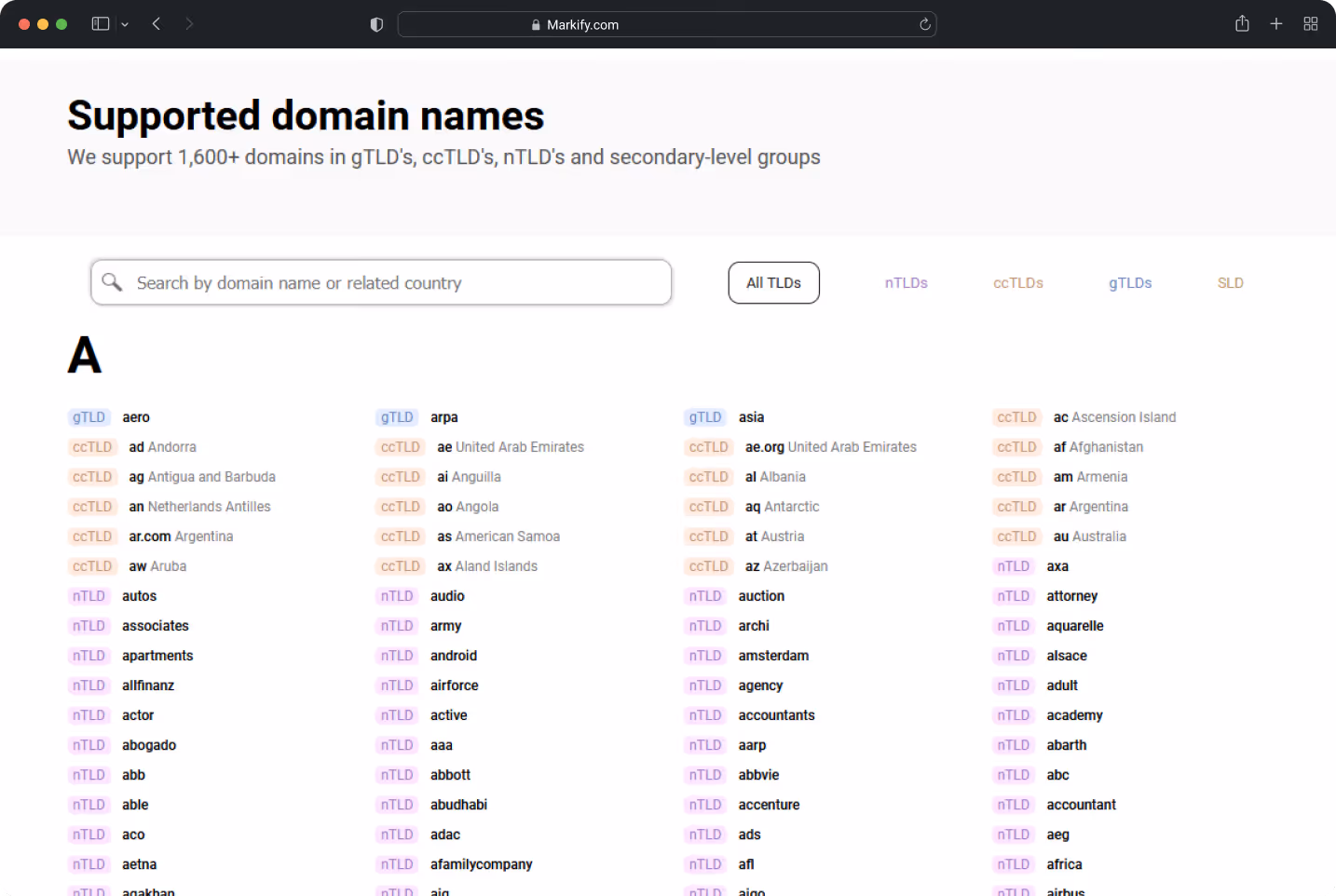Markify Domain Names interface mockup