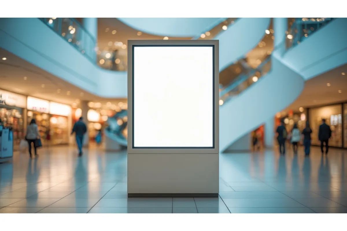 Blank vertical billboard display in a shopping mall with blurred shoppers and spiral escalators in the background.