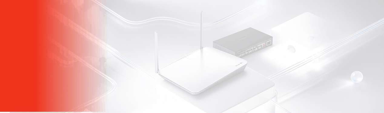 Two wireless network devices with antennas placed on a glossy, futuristic surface with transparent lines and a glowing orb.