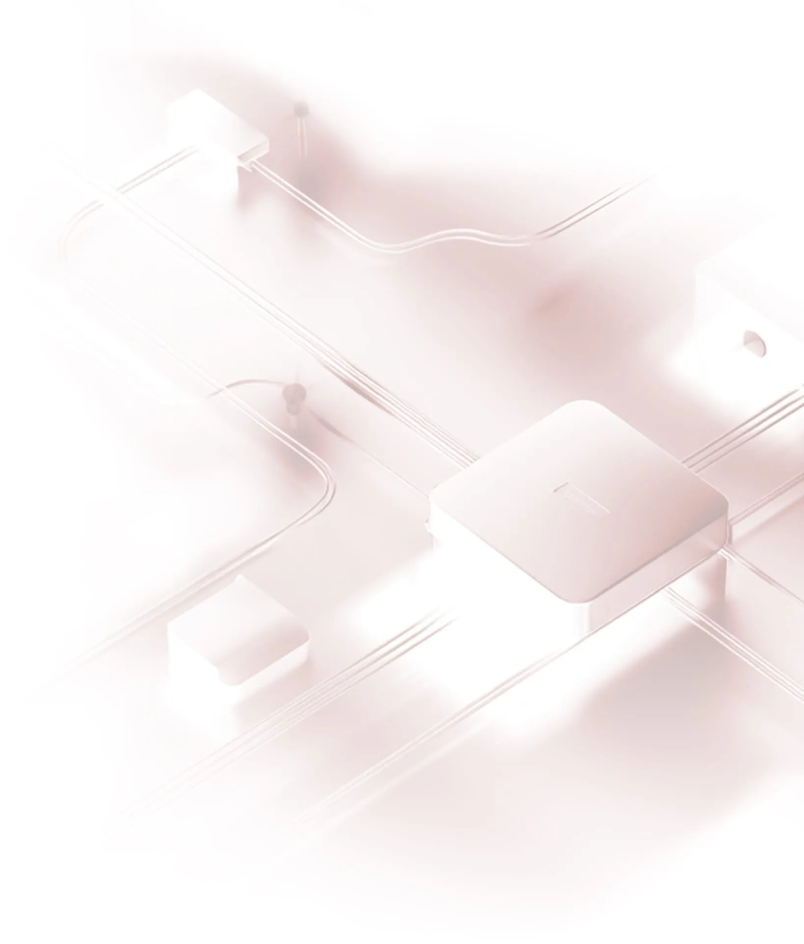 Abstract white technological circuit with connected rectangular nodes on a light background.